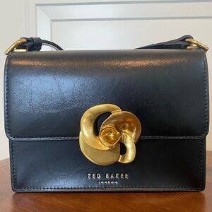 Ted Baker Rosalie Black Leather Crossbody Bag with Luxe Gold Rose Closure NWT